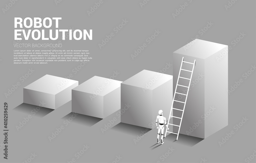 Poster Robot standing to move up on bar graph with ladder. concept of artificial intelligence and machine learning worker technology.