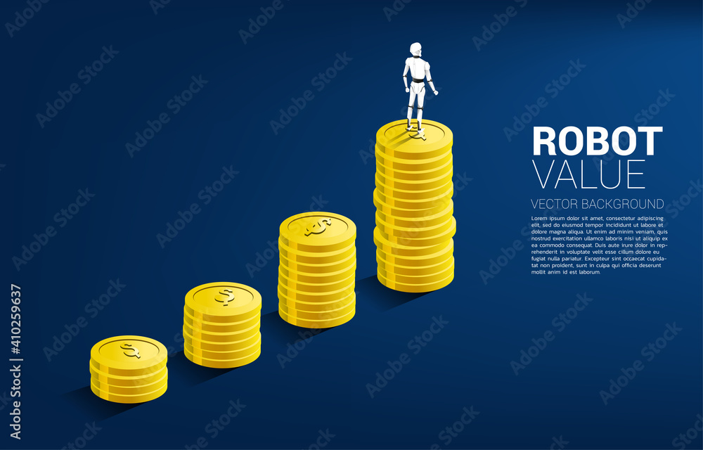 Aufkleber Robot standing on top of growth graph with stack of coin. concept of artificial intelligence and machine learning worker technology.