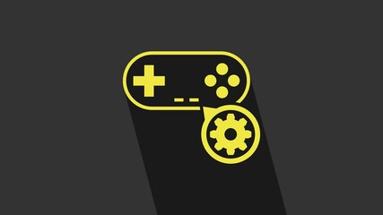 Yellow Gamepad and gear icon isolated on grey background. Adjusting app, service concept, setting options, maintenance, repair, fixing. 4K Video motion graphic animation