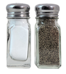 Isolated glass salt and pepper shakers.