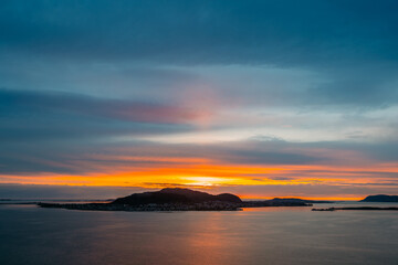 Alesund, Norway. Amazing Natural Bright Dramatic Sky Above Alesund Valderoya And Islands In Sunset Time. Colorful Sky Background. Beauty In Norwegian Nature