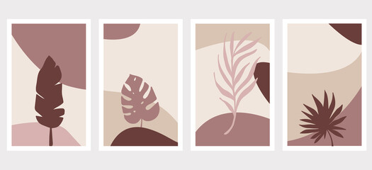 posters in the style of minimalism, with tropical leaves in warm pastel colors