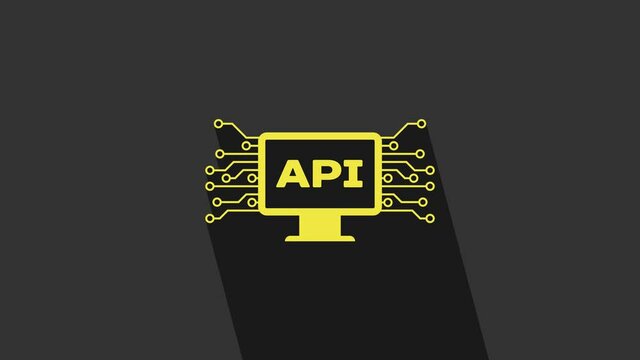 Yellow Computer api interface icon isolated on grey background. Application programming interface API technology. Software integration. 4K Video motion graphic animation