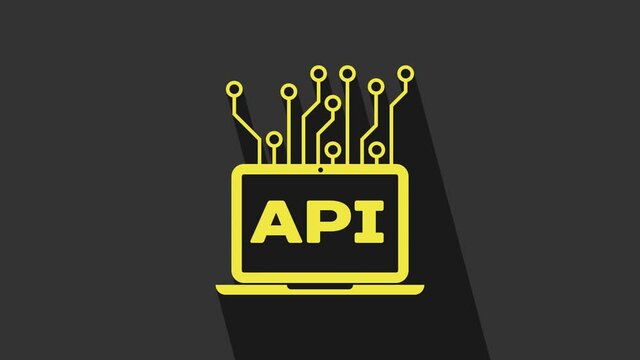 Yellow Computer api interface icon isolated on grey background. Application programming interface API technology. Software integration. 4K Video motion graphic animation