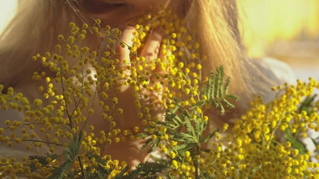 young beautiful blond girl holding, smelling yellow mimosa flowers and smiling in the sun. Spring concept, women's day. Closeup portrait of pretty European woman