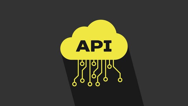 Yellow Cloud api interface icon isolated on grey background. Application programming interface API technology. Software integration. 4K Video motion graphic animation