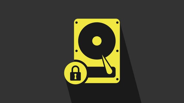 Yellow Hard disk drive and lock icon isolated on grey background. HHD and padlock. Security, safety, protection concept. 4K Video motion graphic animation
