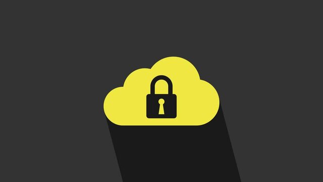 Yellow Cloud computing lock icon isolated on grey background. Security, safety, protection concept. 4K Video motion graphic animation