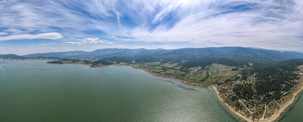 Aerial panoramic view of Batak Reservoir, Bulgaria