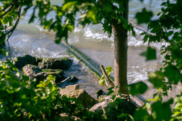 Bright Tropical View Of Beach With Ruined Concrete Structures.