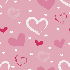 Seamless Pattern with hand drawing Hearts in trending color. Romantic collection of templates. Pink color background red white color hearts. Vector illustration.