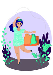 A happy girl on a floral background with shopping bags, in a good mood after shopping. A flat vector illustration