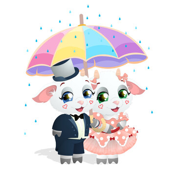 Vector illustration of goats in evening dresses with colorful umbrella in the rain isolated on white background