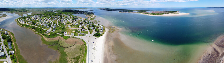 Historic village on Great Neck and Pavilion Beach aerial view at Ipswich Bay in town of Ipswich,...