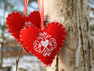 two red hearts on the background of a birch