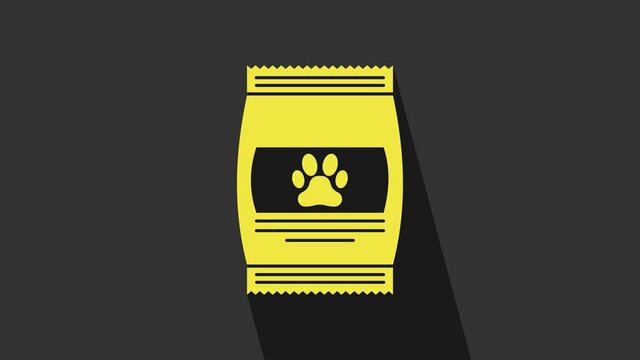 Yellow Bag of food for pet icon isolated on grey background. Food for animals. Pet food package. Dog or cat paw print. 4K Video motion graphic animation