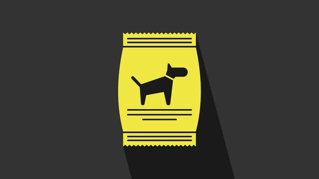 Yellow Bag of food for dog icon isolated on grey background. Food for animals. Pet food package. 4K Video motion graphic animation