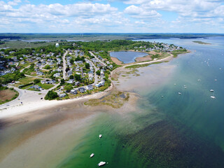 Historic village on Great Neck and Pavilion Beach aerial view at Ipswich Bay in town of Ipswich,...
