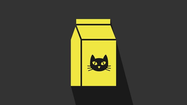 Yellow Bag of food for cat icon isolated on grey background. Food for animals. Pet food package. 4K Video motion graphic animation