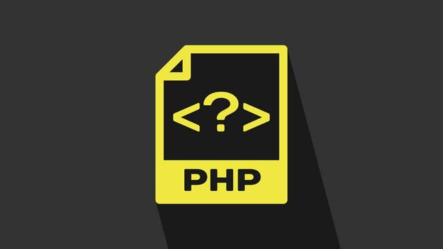 Yellow PHP file document. Download php button icon isolated on grey background. PHP file symbol. 4K Video motion graphic animation