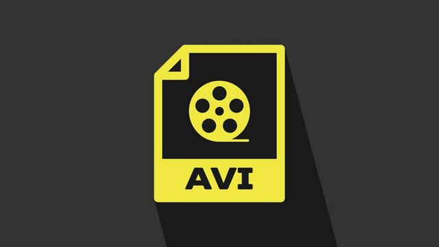 Yellow AVI file document. Download avi button icon isolated on grey background. AVI file symbol. 4K Video motion graphic animation