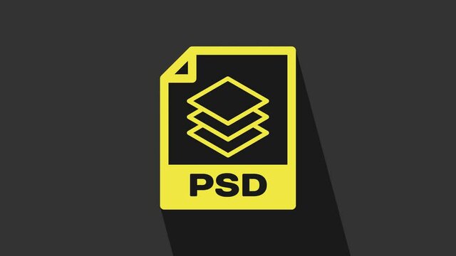 Yellow PSD file document. Download psd button icon isolated on grey background. PSD file symbol. 4K Video motion graphic animation