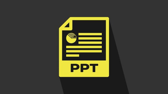 Yellow PPT file document. Download ppt button icon isolated on grey background. PPT file presentation. 4K Video motion graphic animation