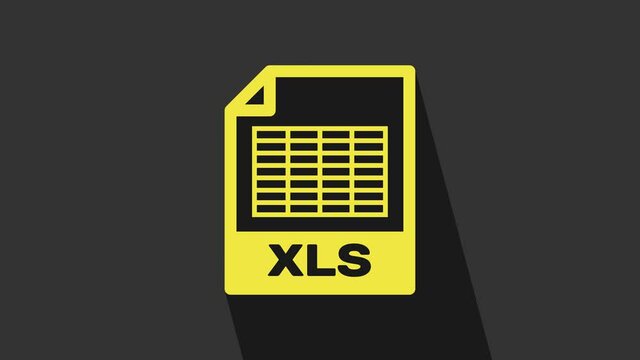 Yellow XLS file document. Download xls button icon isolated on grey background. Excel file symbol. 4K Video motion graphic animation