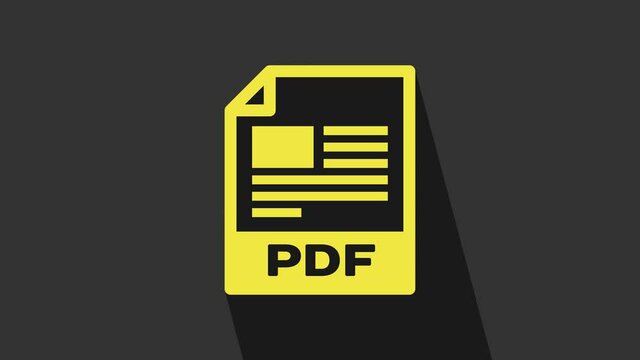 Yellow PDF file document. Download pdf button icon isolated on grey background. PDF file symbol. 4K Video motion graphic animation