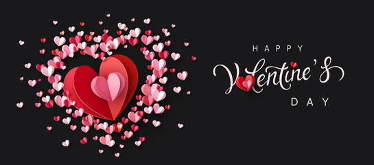Valentine's Day greeting card with pink and red paper confetti hearts on black background. Vector symbols of love frame poster or romantic banner