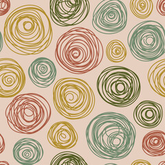 Seamless pattern of spherical curls, circles, balls, doodles.