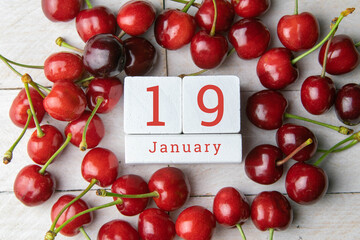 January 19 on the wooden calendar.The nineteenth day of the winter month, a calendar for the...