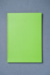 Greeen Leather notebook on paper gray background, notepad mock up, top view shot