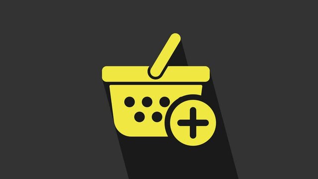 Yellow Add to Shopping basket icon isolated on grey background. Online buying concept. Delivery service sign. Supermarket basket symbol. 4K Video motion graphic animation