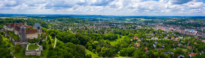 Fototapeta na wymiar Aerial view of old town of the city Coburg in Germany, Bavaria on a spring noon. 