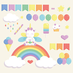 set of elements for kids,festive, rainbow unicorn with sweets and holiday elements
