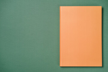 Orange Leather notebook on paper green background, notepad mock up, top view shot