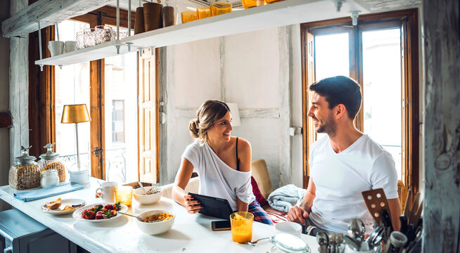 Couple during breakfast in morning