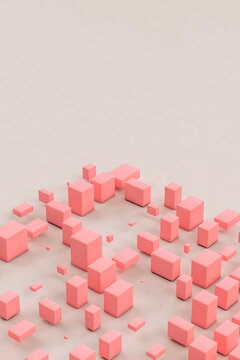 Three dimensional render of pink cuboids floating against gray background