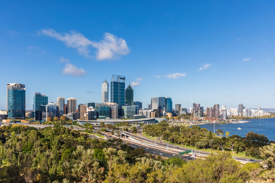 Australia,¬†Western Australia, Perth, Kings Park and Mounts Bay Road with city skyline in background