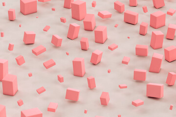 Three dimensional render of pink cuboids floating against gray background