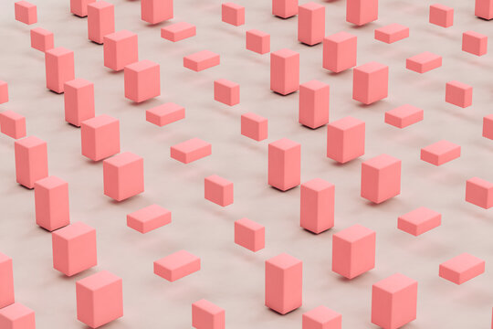 Three dimensional render of pink cuboids floating against gray background