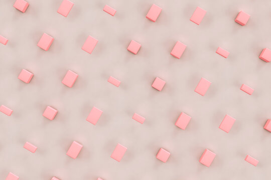 Three dimensional render of pink cuboids floating against gray background