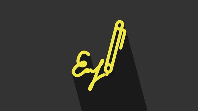 Yellow Signature line icon isolated on grey background. Pen and undersign, underwrite, ratify symbol. 4K Video motion graphic animation