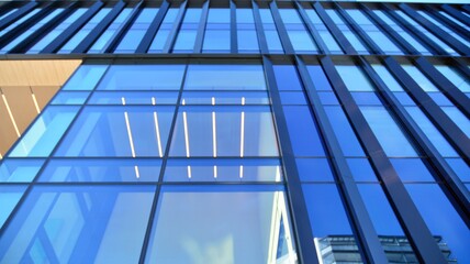 Glass facade of the buildings with a blue sky. Skyscrapers in the business city center.. Background of modern glass buildings. 