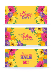 Set of beautifull promo banners for women's day, sale, new collection with blooming crocuses and tulips. Vector illustration, spring floral background, flayer, invitation