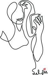 One line drawing of woman holding and using mobile phone taking selfie
One continuous line drawing of young beautiful woman and selfie concept.
