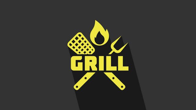 Yellow Crossed fork and spatula icon isolated on grey background. Fire flame sign. BBQ fork and spatula sign. Barbecue and grill tools. 4K Video motion graphic animation