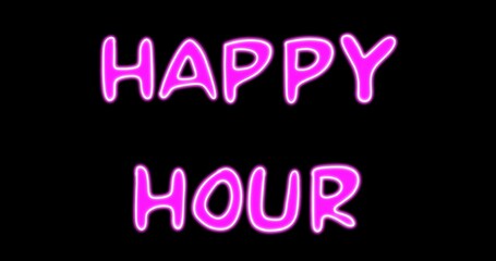 Illustration neon text -happy hour . Black background with neon pink text