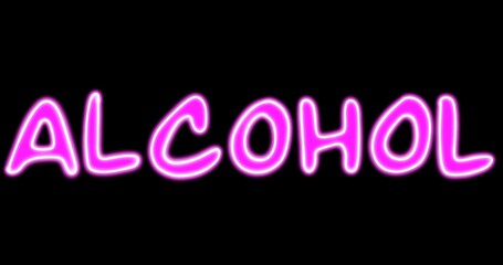 Illustration neon text -alcohol . Black background with neon pink text